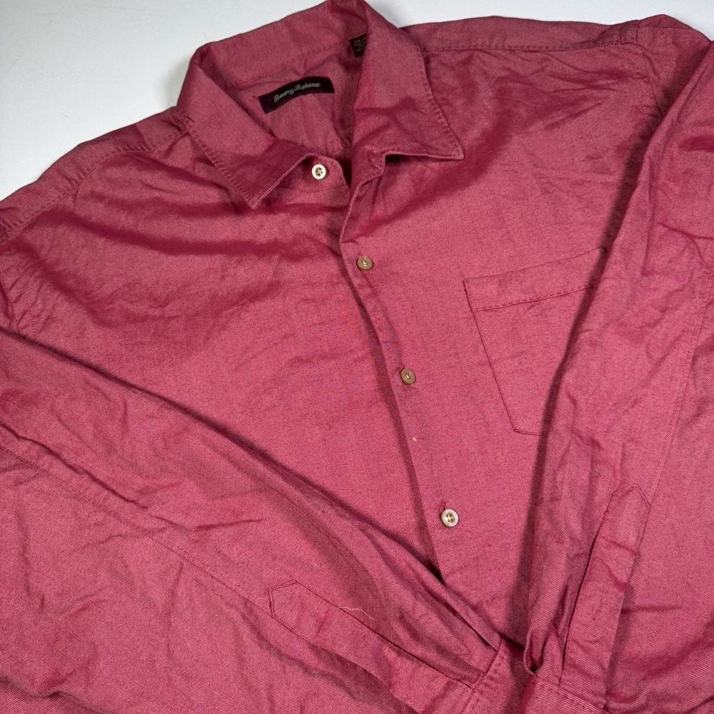 Tommy Bahama Shirt Mens XXL Red Silk Cotton Herringbone Long Sleeve Button Up